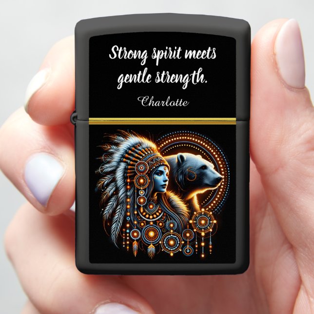 Vibrant Art: Native Woman and Bear Zippo Lighter (In Hand)