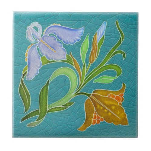 Vibrant  Art Nouveau Iris Floral Antique Repro Ceramic Tile