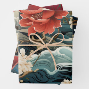 Vibrant Asian Inspired Florals & Waves Gift Wrap