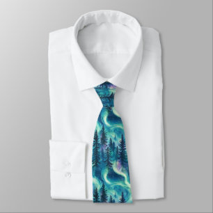 Vibrant Aurora Borealis Pine Forest Night Sky Neck Tie