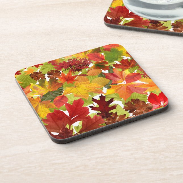 Vibrant Autumn Fall Leaves Collage Beverage Coaster (Left Side)