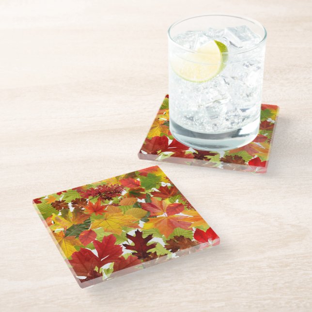 Vibrant Autumn Fall Leaves Collage Glass Coaster (Angled)