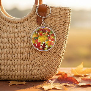 Vibrant Autumn Fall Leaves Collage Keychain