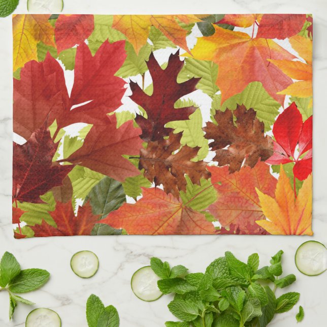 Vibrant Autumn Fall Leaves Collage Kitchen Towel (Folded)