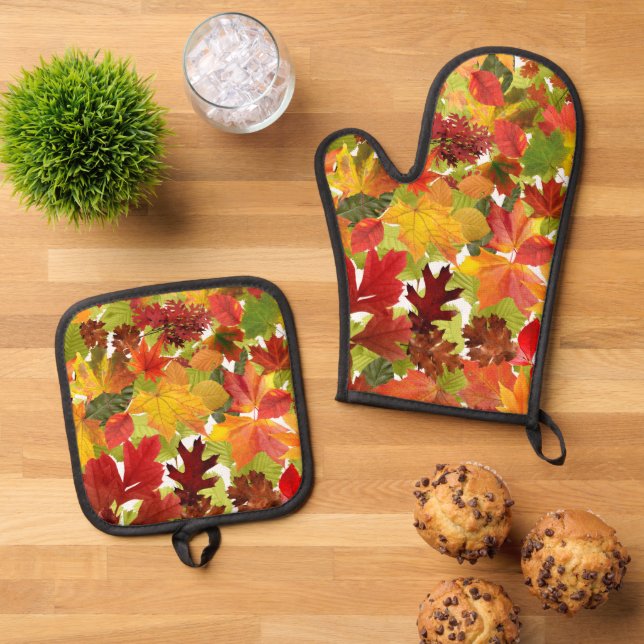 Vibrant Autumn Fall Leaves Collage Oven Mitt & Pot Holder Set (Top Down)