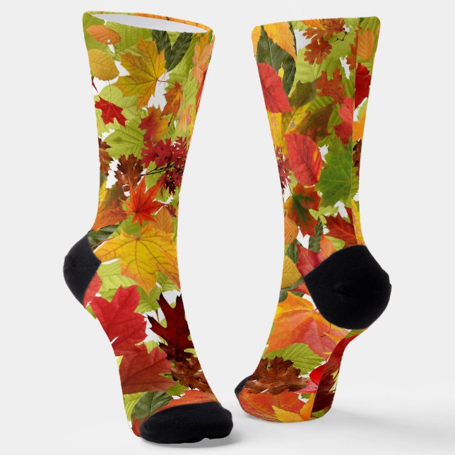Vibrant Autumn Fall Leaves Collage Socks (Angled)