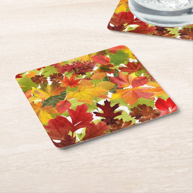Vibrant Autumn Fall Leaves Collage Square Paper Coaster (Angled)