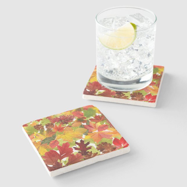 Vibrant Autumn Fall Leaves Collage Stone Coaster (Side)