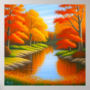 Vibrant Autumn Foliage in a Tranquil Landscape Poster