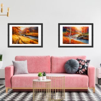 Vibrant Autumn Forest Painting - Fall Landscape  Wall Art Sets