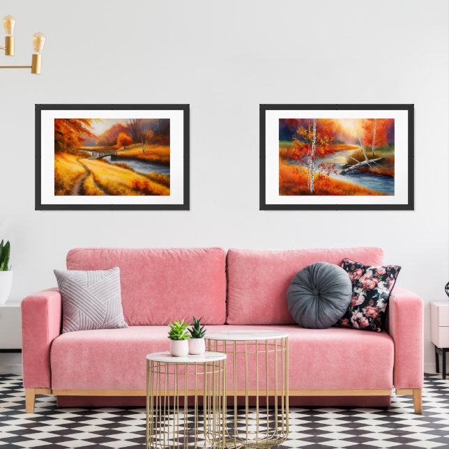 Vibrant Autumn Forest Painting - Fall Landscape  Wall Art Sets (Livingroom)