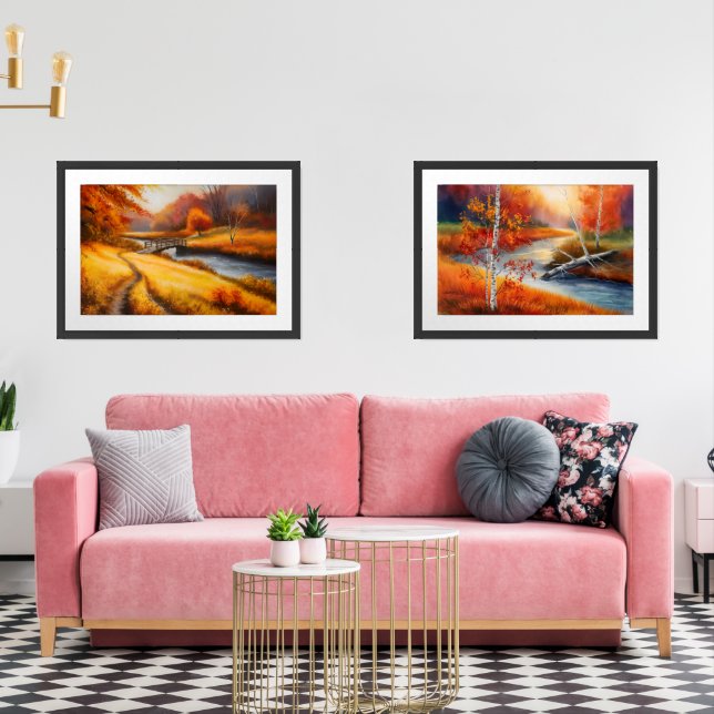Vibrant Autumn Forest Painting - Fall Landscape  Wall Art Sets (Livingroom)