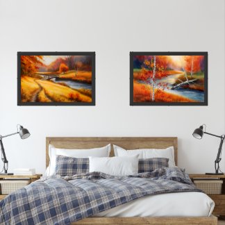 Vibrant Autumn Forest Painting - Fall Landscape  Wall Art Sets