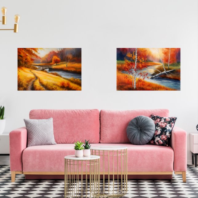 Vibrant Autumn Forest Painting - Fall Landscape  Wall Art Sets (Livingroom)