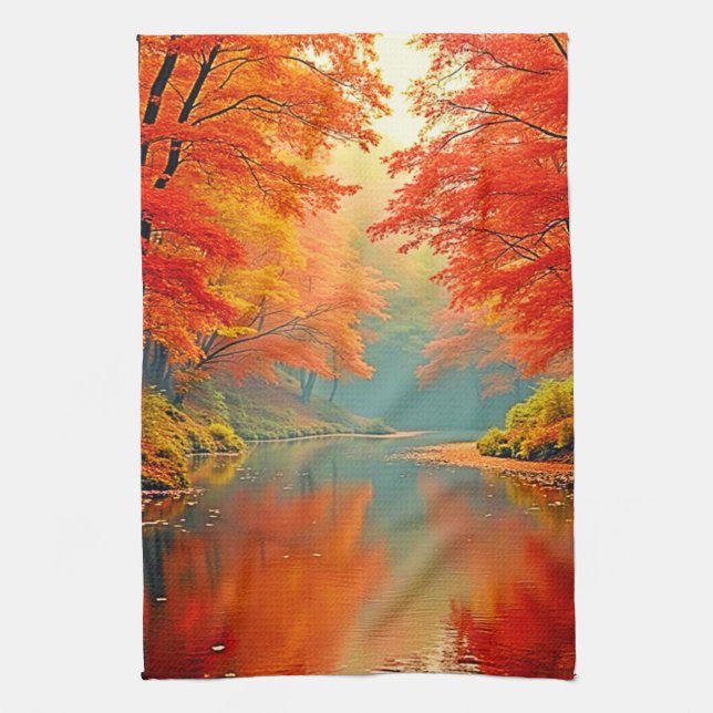 Vibrant Autumn Forest River Kitchen Towel (Vertical)