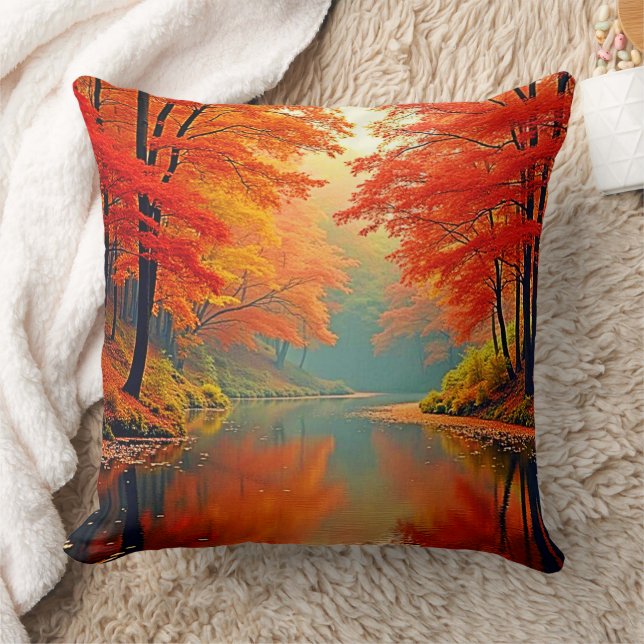 Vibrant Autumn Forest River Throw Pillow (Blanket)