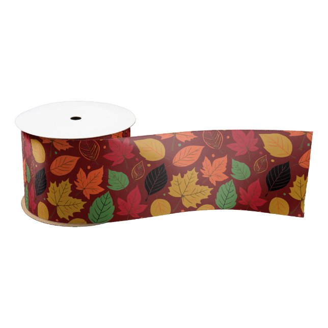 Vibrant Autumn Leaves Multi-Colored Pattern Satin Ribbon (Spool)