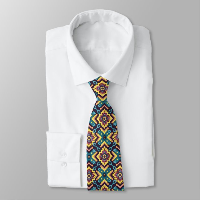 Vibrant Aztec Geometric Floral Pattern Neck Tie (Tied)