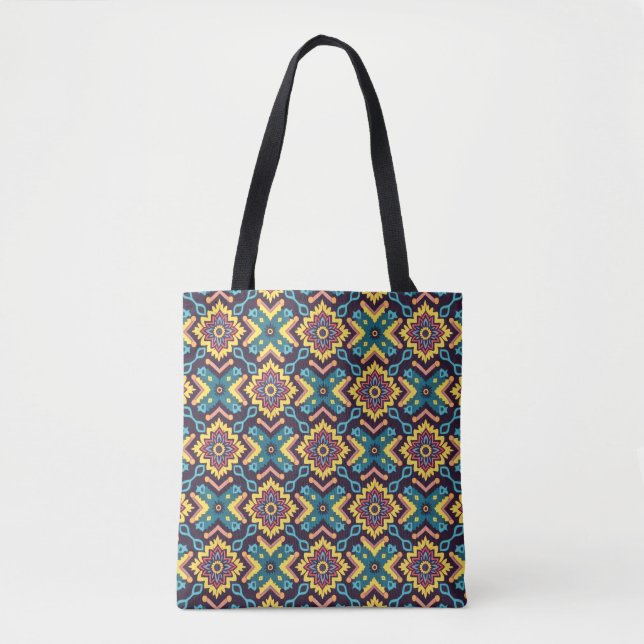 Vibrant Aztec Geometric Floral Pattern Tote Bag (Front)