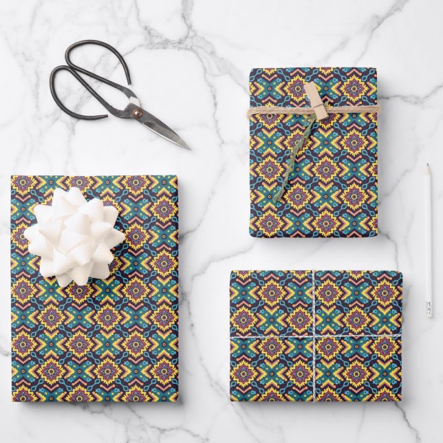 Vibrant Aztec Geometric Floral Pattern Wrapping Paper Sheets (Front)