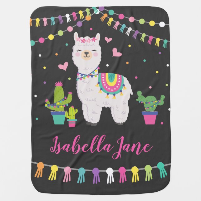 Vibrant Baby Llama / Fiesta Alpaca Girl Nursery Baby Blanket (Front)