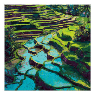 Vibrant Bali Indonesian Rice Terraces Vintage Poster