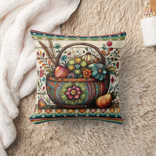 Vibrant basket of flowers and decorated eggs throw pillow (Blanket)
