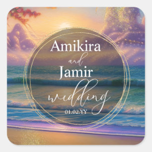 Vibrant Beach Background Faux Glitter Wedding Square Sticker