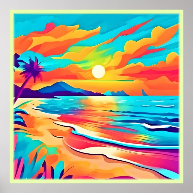 Vibrant Beach Sunset Art Poster (Front)