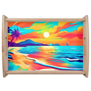 Vibrant Beach Sunset Art Serving Tray