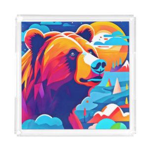 Vibrant Bear, Moonlit Scene Acrylic Tray
