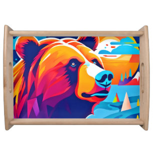 Vibrant Bear, Moonlit Scene Serving Tray