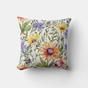 Vibrant Beauty Watercolor Wildflower Decorative Throw Pillow