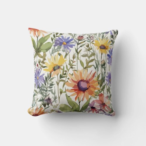 Vibrant Beauty  Watercolor Wildflower Decorative Throw Pillow