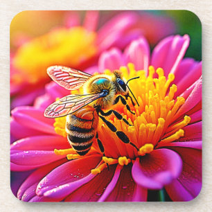 Vibrant Bee on Bloom Design Beverage Coaster