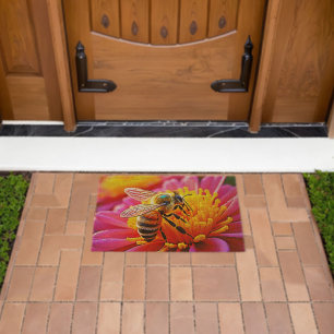 Vibrant Bee on Bloom Design Fiber Doormat