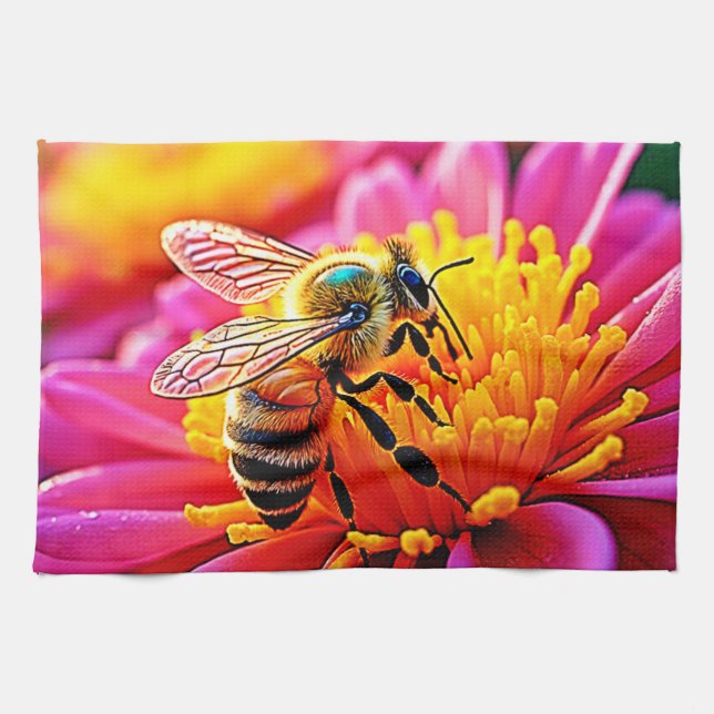Vibrant Bee on Bloom Design Kitchen Towel (Horizontal)