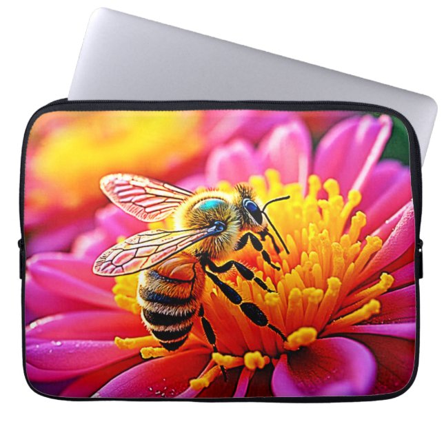 Vibrant Bee on Bloom Design Laptop Sleeve (Front)