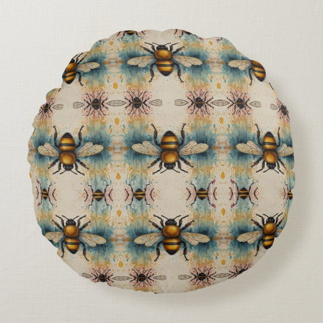 Vibrant Bee Watercolour Pattern Round Pillow (Front)