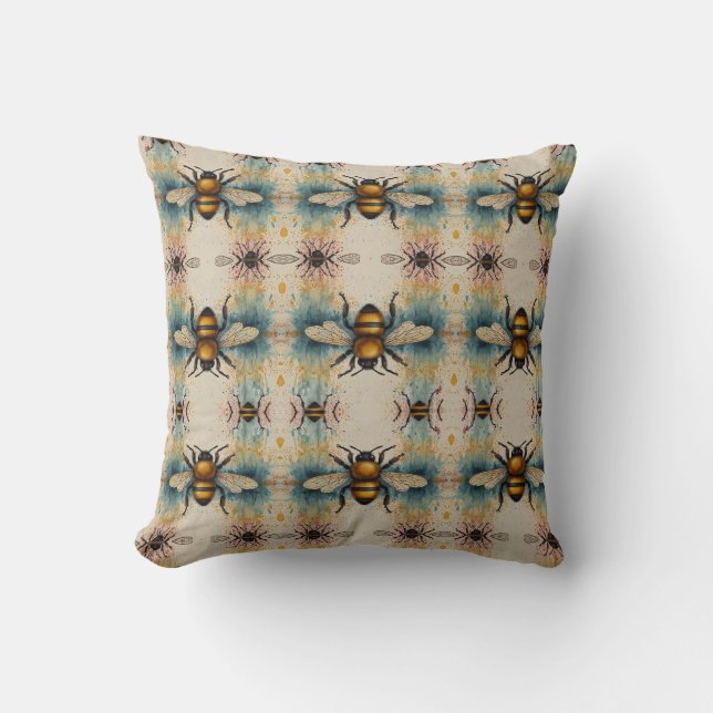 Vibrant Bee Watercolour Pattern Throw Pillow (Front)