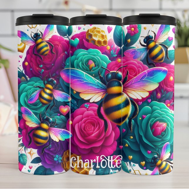 Vibrant Bees: Rainbow Wings, Teal Roses Thermal Tumbler (Creator Uploaded)