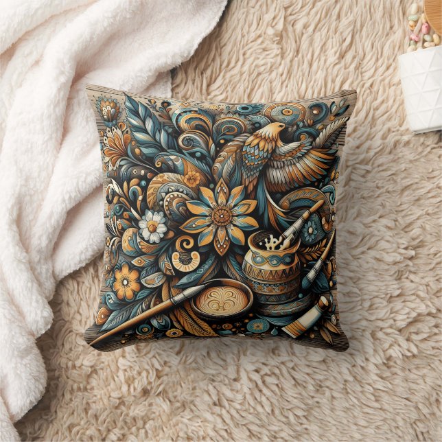 Vibrant bird and floral design with artistic tools throw pillow (Blanket)