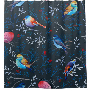 Vibrant Birds: Gouache Dark Elegance Shower Curtain