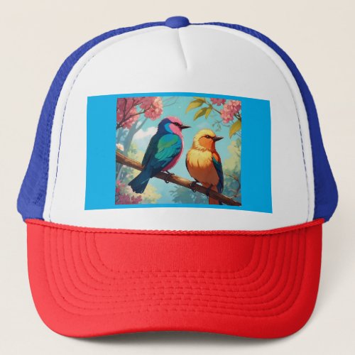 Vibrant Birds on Blossoming Branch Trucker Hat