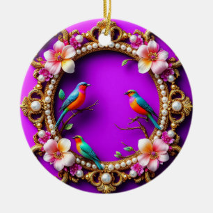 Vibrant Birds Perched Ceramic Ornament