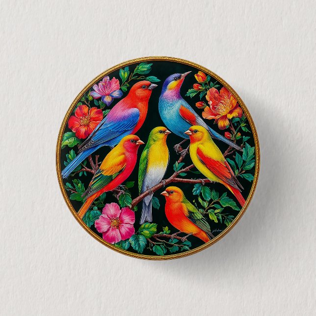 Vibrant Birds Perched on Flowering Branches Button (Front)