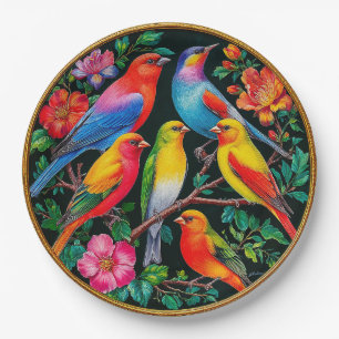 Vibrant Birds Perched on Flowering Branches Paper Plates