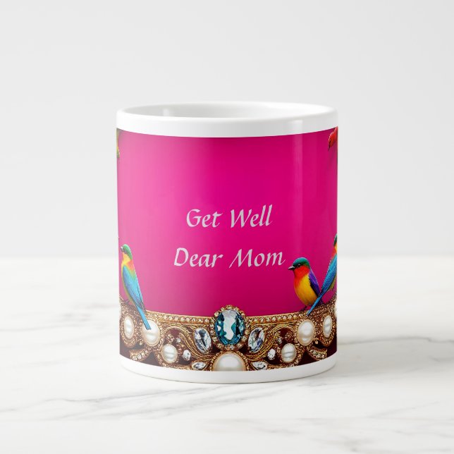 Vibrant Birds Surrounded by Ornate Jewelry Frame Giant Coffee Mug (Front)