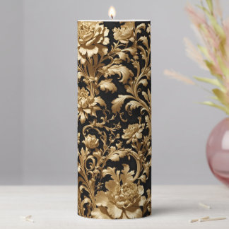 Vibrant Black and Gold Floral Baroque Pattern Pillar Candle
