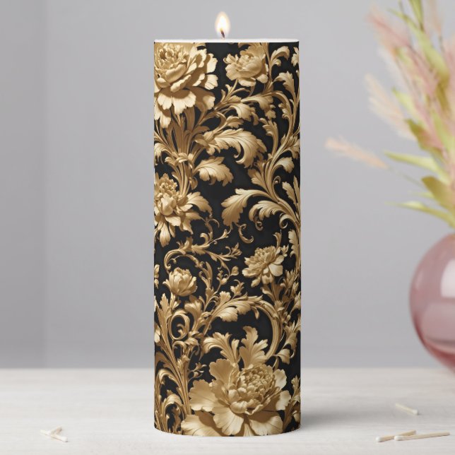 Vibrant Black and Gold Floral Baroque Pattern Pillar Candle (In Situ)